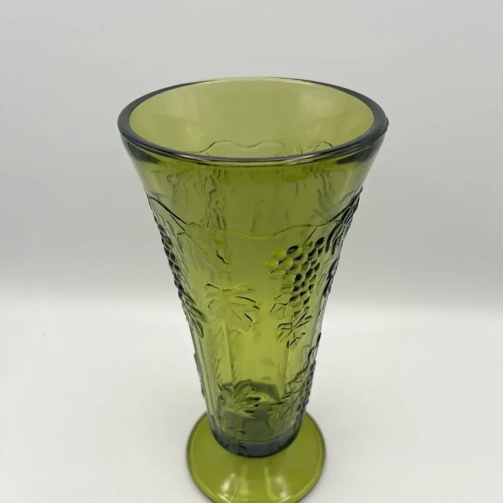 Vintage Indiana Glass Tall Footed Vase Harvest Grape Colony Green 9.75